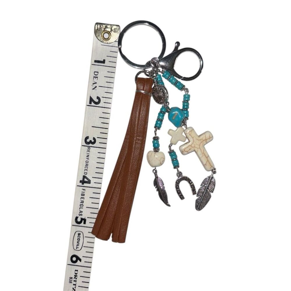 Western Style Bag Charm Keychain with Crosses Tassel Beads and Charms - Picture 5 of 5